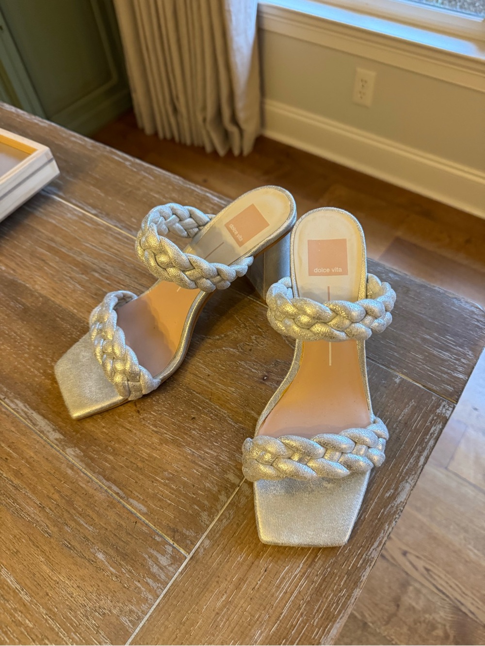Dolce Vita Silver Braided Strap Block Heel Sandals Size 8.5
